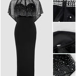 2 Pieces Outfit Detachable & Adjustable Spaghetti Straps Zipper Back Slit Slim Fit Maxi Dress and Rhinestone & Pearls Decor High Neck Zipper Back Sheer Mesh Poncho Cape