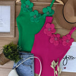 2 Pack Solid 3D Flower Tank Top Asymmetrical Neck Sleeveless Casual Ribbed Knit Camisole