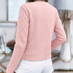 Women's French Style Cropped Jacket Round Neck Gold Button Coat Argyle Cable Jacquard Knit Outerwear