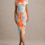 Women's Tie Dye Mock Neck Cape Design Bodycon Dress Sexy Ruched Draped Slit Party Cocktail Dress