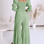 Sweetheart Neck Puff Sleeve Drawstring Front Shirred Overalls Casual Cutout Front Ruffle Hem Wide Leg Jumpsuit
