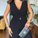 Plunge Sleeveless Button False Two Pieces Wide Leg Jumpsuit