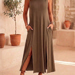 Women's Sleeveless Ribbed Knit Maxi Dress Loose A-Line Slit Tank Dress Casual Lounge Long Dress with Pockets