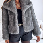 Turn-down Collar Long Sleeve Faux Fur Coat Jacket Casual Warm Fluffy Cropped Coat