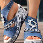 Newspaper Rhinestone Gear Pattern Slingback Platform Wedge Sandals