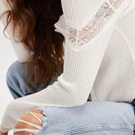 Women's French Style Waffle Knit Cardigan Square Neck Lace Patchwork Top Long Sleeve Button Front Slim Fit Blouse