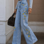 Women's High Waisted Floral Embroidered Wide Leg Jeans Washed Denim Pants
