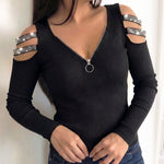 Women's Sexy Cold Shoulder Rib-Knit Top Rhinestone Strappy Long Sleeve V-Neck Zipper Slim Fit Pullover