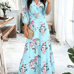 Women's Floral Print Ruffle Hem Maxi Dress V-Neck Three Quarters Sleeve Shirred Back A-Line Vacation Dress