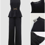Women's 2 Piece Outfits Sleeveless Peplum Top and Wide Leg Pants Set Elegant Gold Belt Business Work Suits