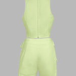 2 Pieces Outfit Button Decor Sleeveless Hollow-out Front Zipper Back Crop Top and Casual Elastic Back Waist Tie Side Shorts Set