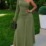 Women's One Shoulder Long Sleeve Ruched Maxi Dress with Thumb Hole
