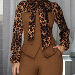 2 Pieces Outfit Leopard Print Spliced Tie Neck Long Sleeve Double Breasted Front Flap Detail Top and Zipper Fly Wide Leg Pants Set Casual Commuting Set