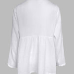 Notch Neck Roll Up Sleeve Lace Overlay Shirt Half Button Front Ruffle Hem Casual Top