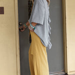 Women's Crewneck Drop Shoulder T-Shirt Back Ruffle Slit Half Sleeve Loose Casual Top
