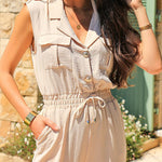 Notched Collar Sleeveless Button Front Stretchy Drawstring Waist Overalls Casual Flap Pockets Design Cuffed Jumpsuit