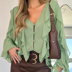 V Neck Shoulder Ruffles Design Blouse Casual Button Front Long Sleeve Top