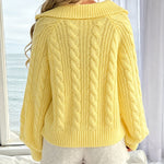 Women's Half Zip Cable Knit Sweater Lapel Long Sleeve Loose Pullover with Thumb Holes