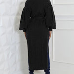 Cable Textured High Neck Lantern Sleeve Bow Tie Waist Sweater Casual High Slit Knit Longline Top