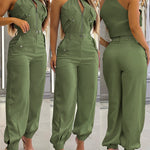2 Pieces Outfits Sleeveless High Neck Cargo Pockets Design Top And Casual Cuffed Long Pants Set