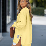 Letter Patch Detail Long Sleeve Drop Shoulder Pullover Sweatshirt Casual Zipper Side Slit Top