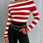 Women's Foldover Off Shoulder Striped Pullover Long Sleeve Slim Fit Knit Top