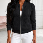 Women's Vintage Cable Knit Bomber Jacket Casual Argyle Zip Up Crop Coat with Pockets