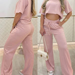 2 Pieces Outfit O-neck Short Sleeve Side Slit Top and Casual Drawstring Elastic Waist Seam Front Wide Leg Pants Set