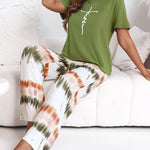 2 Pieces Outfit Letter Print Round Neck Short Sleeve Top And Tie Dye Print Elastic Waist Loose Fit Pants Set Casual Pajamas Set