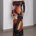 Women's Oil Painting Print Foldover Off-Shoulder Mesh Overlay Maxi Dress Long SleeveRuched Mermaid Long Dress