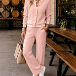 Women's 2 Piece Cable Knit Tracksuit Baseball Collar Crop Coat and High Waist Pants Set