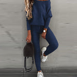2 Pieces Outfit Skew Neck Long Sleeve Loose Pullover Top and Drawstring High Waist Slim Fit Pants Set