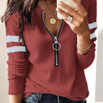 Striped Print Zipper Front Long Sleeve Top  Waffle Knit Loose Fitting Tunic Tops