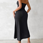 Sleeveless Ruched Cinched Waist Draped Bandeau Dress Eyelet Embroidery Slit Asymmetrical Hem Vacation Dress