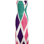 Geometric Print Square Neck Thick Strap Vacation Dress Casual Slim Fit Slit Maxi Dress