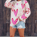 Women's Heart Pattern Loose Sweater Crewneck Long Sleeve Pullover Top
