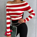 Women's Foldover Off Shoulder Striped Pullover Long Sleeve Slim Fit Knit Top