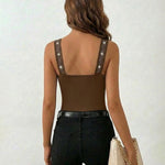 Rhinestone Decor Square Neck Thick Strap Backless Slim Fit Tank Top