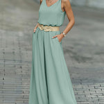 2 Pieces Outfit V-Neck Shoulder Bowknot Design Sleeveless Tank Top and Casual Zipper Fly Elastic Back Waist Wide Leg Pants Set without Belt