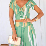 2 Pieces Outfit V Neck Petal Sleeve Tie Front Shirred Back Hem Crop Top and High Waist Elastic Back Waist Wide Leg Pants Set Casual Colorblock Abstract Print Set