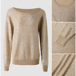 Women's Sequin Knit Sweater Loose Skew Neck Pullover Top Sheer Hollow Out Shimmering Long Sleeve Top