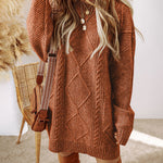 Round Neck Long Sleeve Drop Shoulder Pullover Sweater Casual Loose Fit Cable Knit Mid Length Sweater