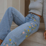 Women's High Waisted Floral Embroidered Wide Leg Jeans Washed Denim Pants