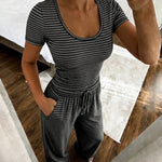 Women's 2 Piece Striped Pajama Set Short Sleeve Square Neck Crop Top and Wide Leg Pants Casual Loungewear