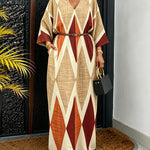 Women's Oversized Argyle Kaftan Maxi Dress V Neck Batwing Sleeve Hollow-out Beach Robe Long Dress with Pockets
