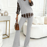 Vintage Plaid Print Spliced Turn-down Collar Long Sleeve Faux Two-Piece Top and Elastic Waist Pants Set Casual Ribbed Brushed Commuting Set