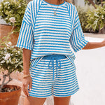 Women's Striped Textured 2 Piece Set Crewneck Raglan Half Sleeve Top and Elastic Drawstring Shorts Casual Loungewear