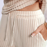 2 Pieces Outfit Round Neck Lace Spliced Short Sleeve Top and Elastic Waist Straight Leg Pants Set Casual Brushed Ribbed Pajamas Set