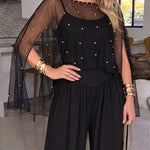 Women's 2-Piece Set Pearl Embellished Split Sleeve Chiffon Cape with Cami Lantern Jumpsuit