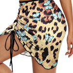 Women's Butterfly Leopard Print Slim Fit Swim Skirt Side Drawstring Ruched Sheer Mesh Bikini Beach Skirt